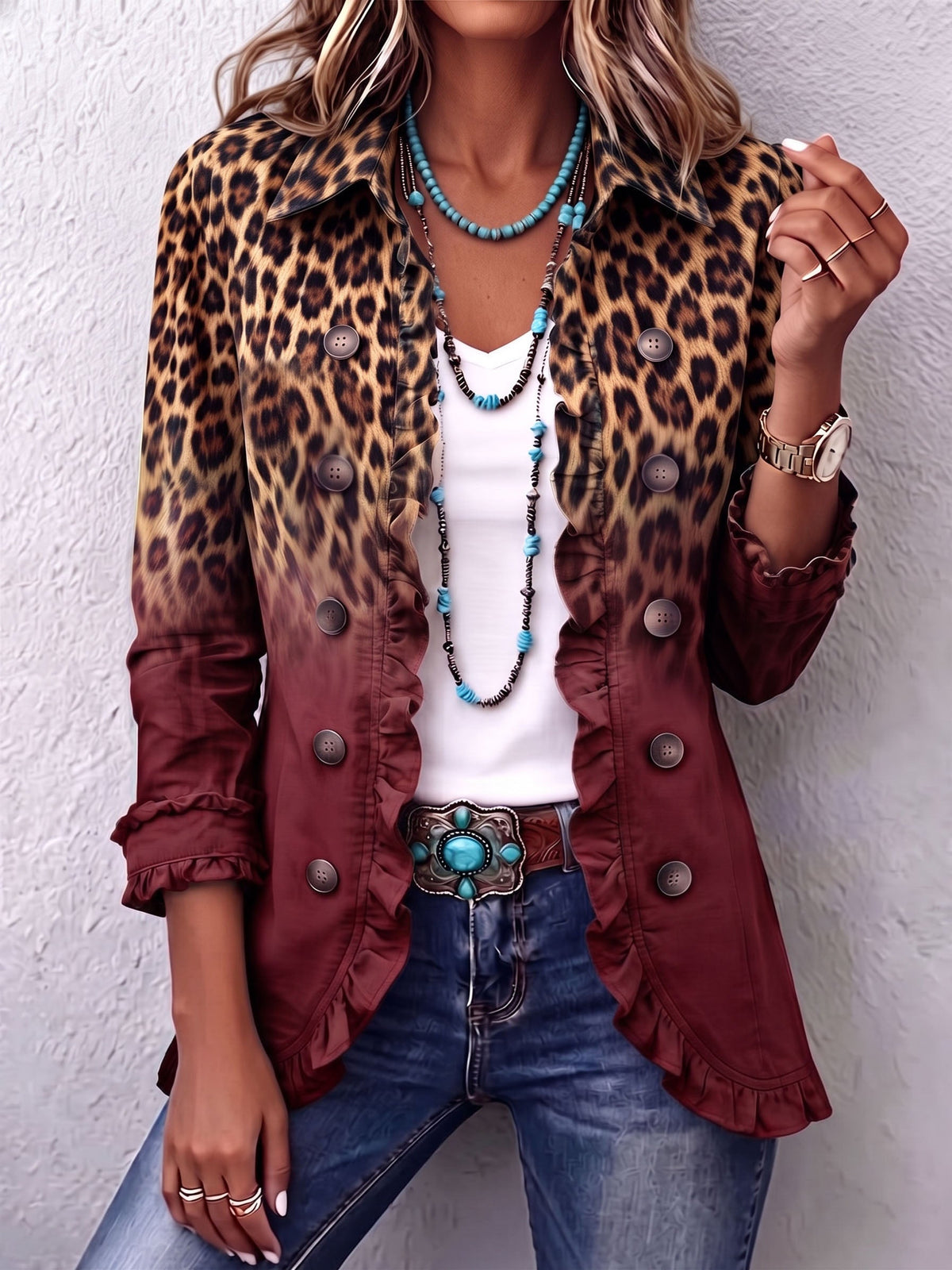 Elspeth™ | Blazer à volants à imprimé léopard ombré