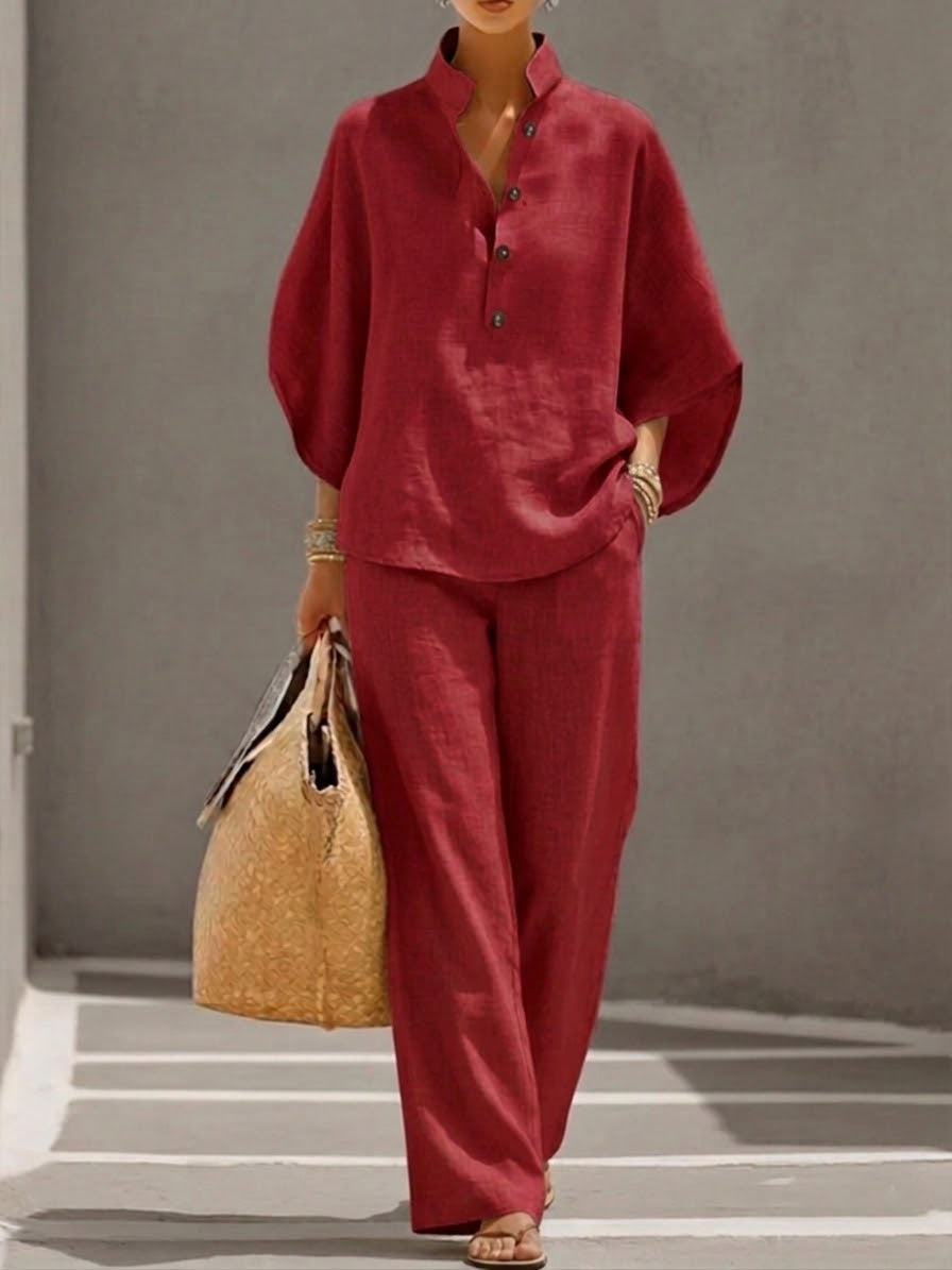 Eszter™ – Ensemble coton et lin avec manches chauve-souris et pantalon à jambes larges • S1