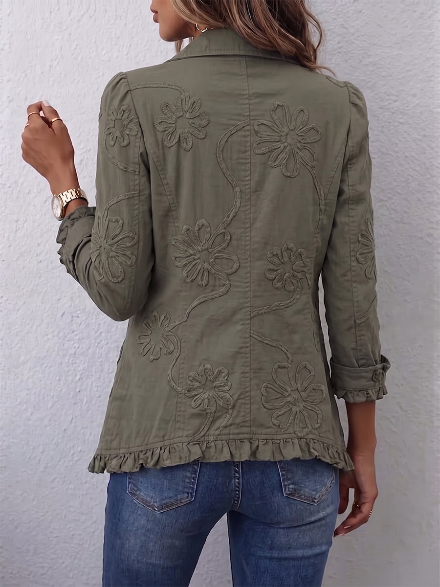 Kamberly™ | Veste utilitaire bohème chic à broderies florales et bordure à volants