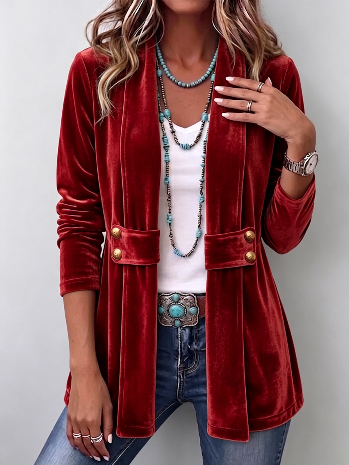 Holliwell™ | Veste vintage ouverte à revers et boutons décoratifs, manches longues