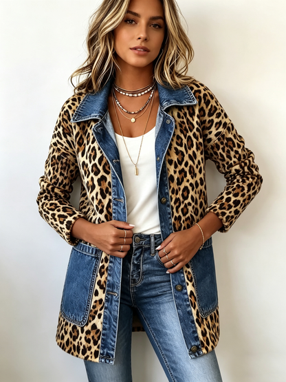 Fablenne™ | Veste longue contrastée à imprimé léopard et empiècements denim