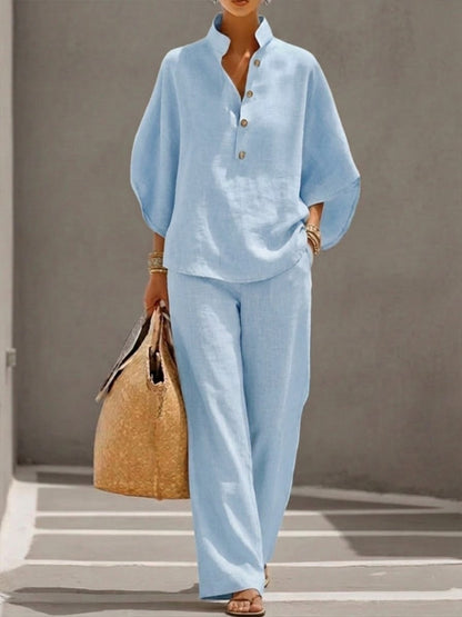 Eszter™ – Ensemble coton et lin avec manches chauve-souris et pantalon à jambes larges • S1
