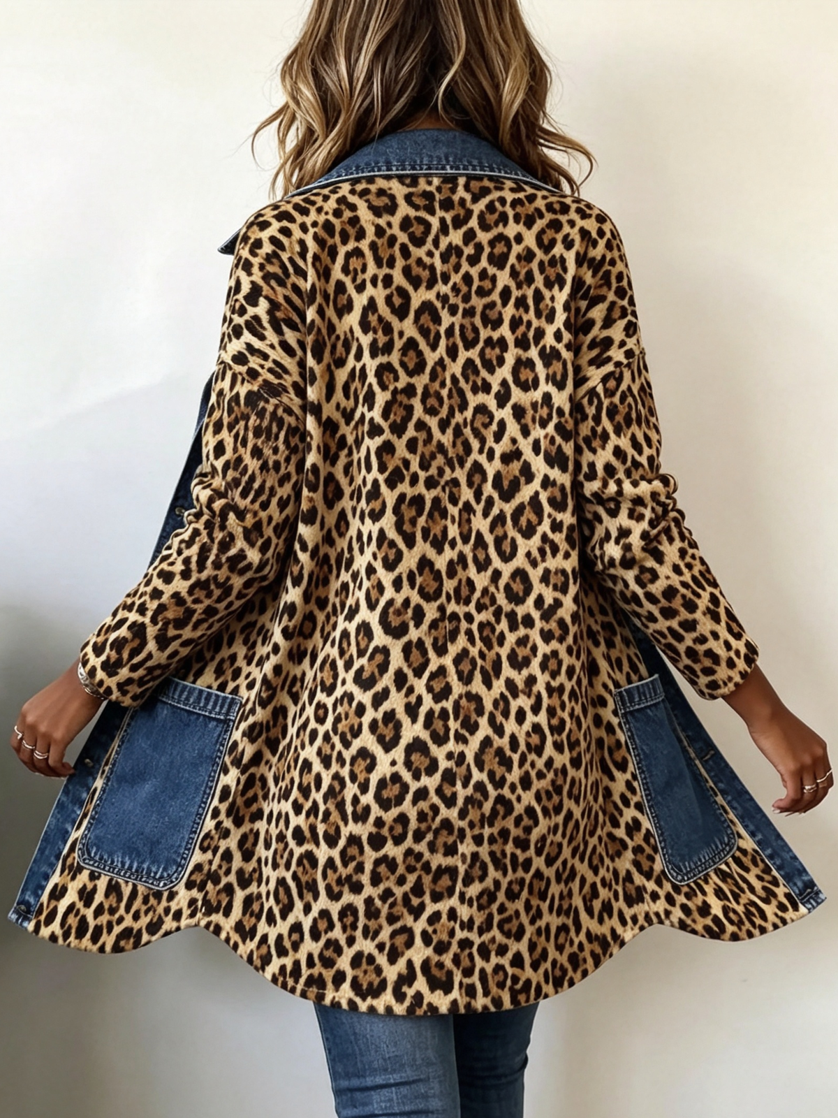 Fablenne™ | Veste longue contrastée à imprimé léopard et empiècements denim