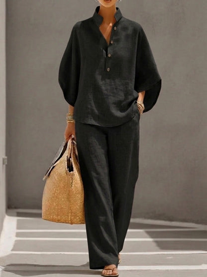 Eszter™ – Ensemble coton et lin avec manches chauve-souris et pantalon à jambes larges • S1