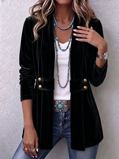 Holliwell™ | Veste vintage ouverte à revers et boutons décoratifs, manches longues