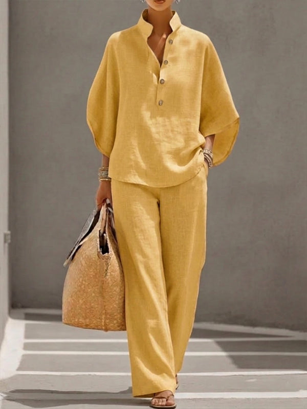 Eszter™ – Ensemble coton et lin avec manches chauve-souris et pantalon à jambes larges • S1