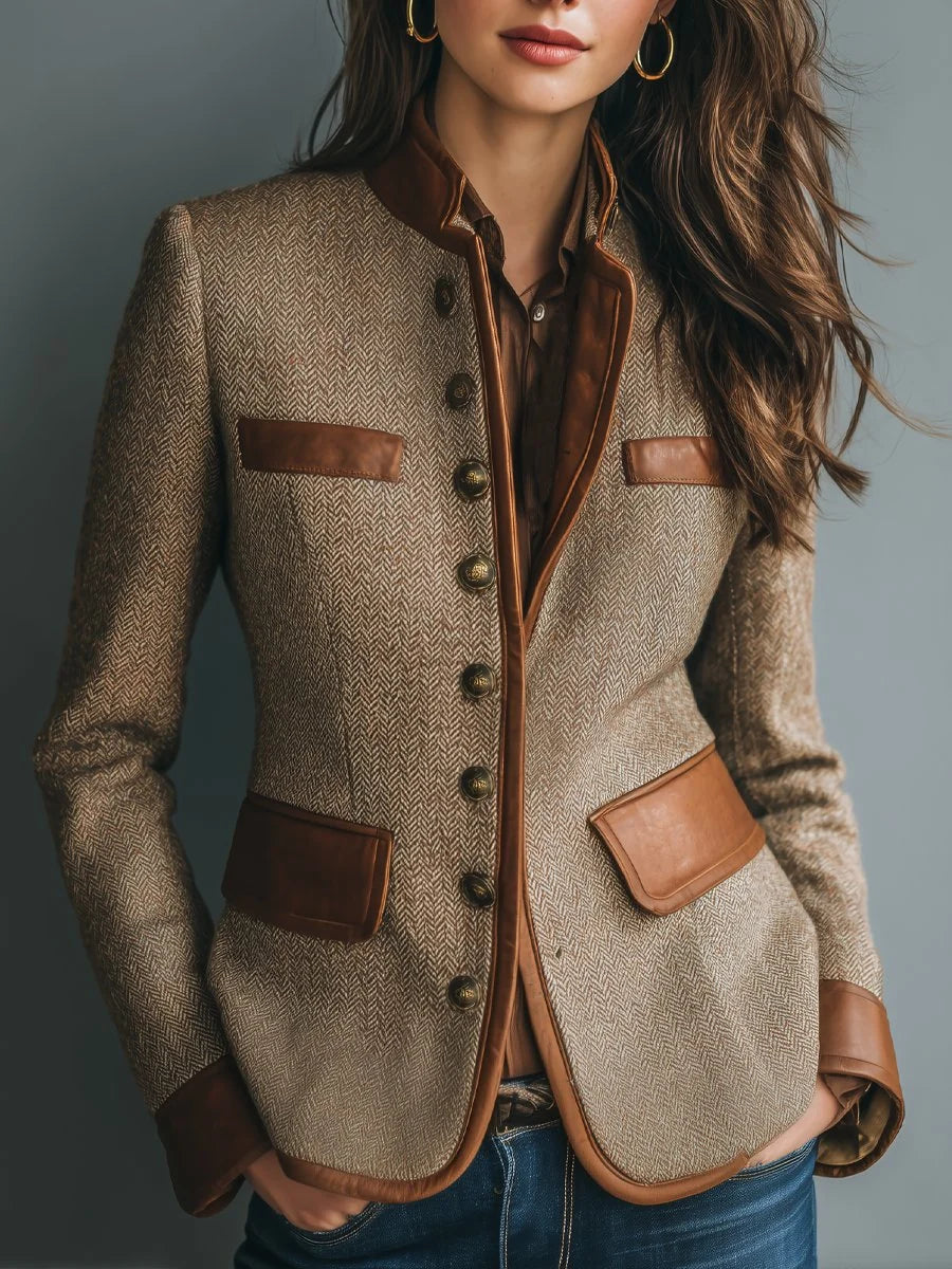 Veste Cintrée en Tweed Chevron & Cuir — Édition Héritage