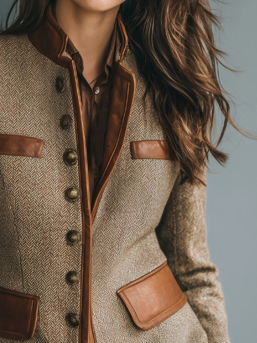 Veste Cintrée en Tweed Chevron & Cuir — Édition Héritage