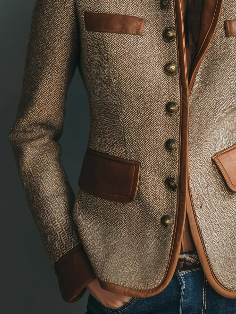 Veste Cintrée en Tweed Chevron & Cuir — Édition Héritage